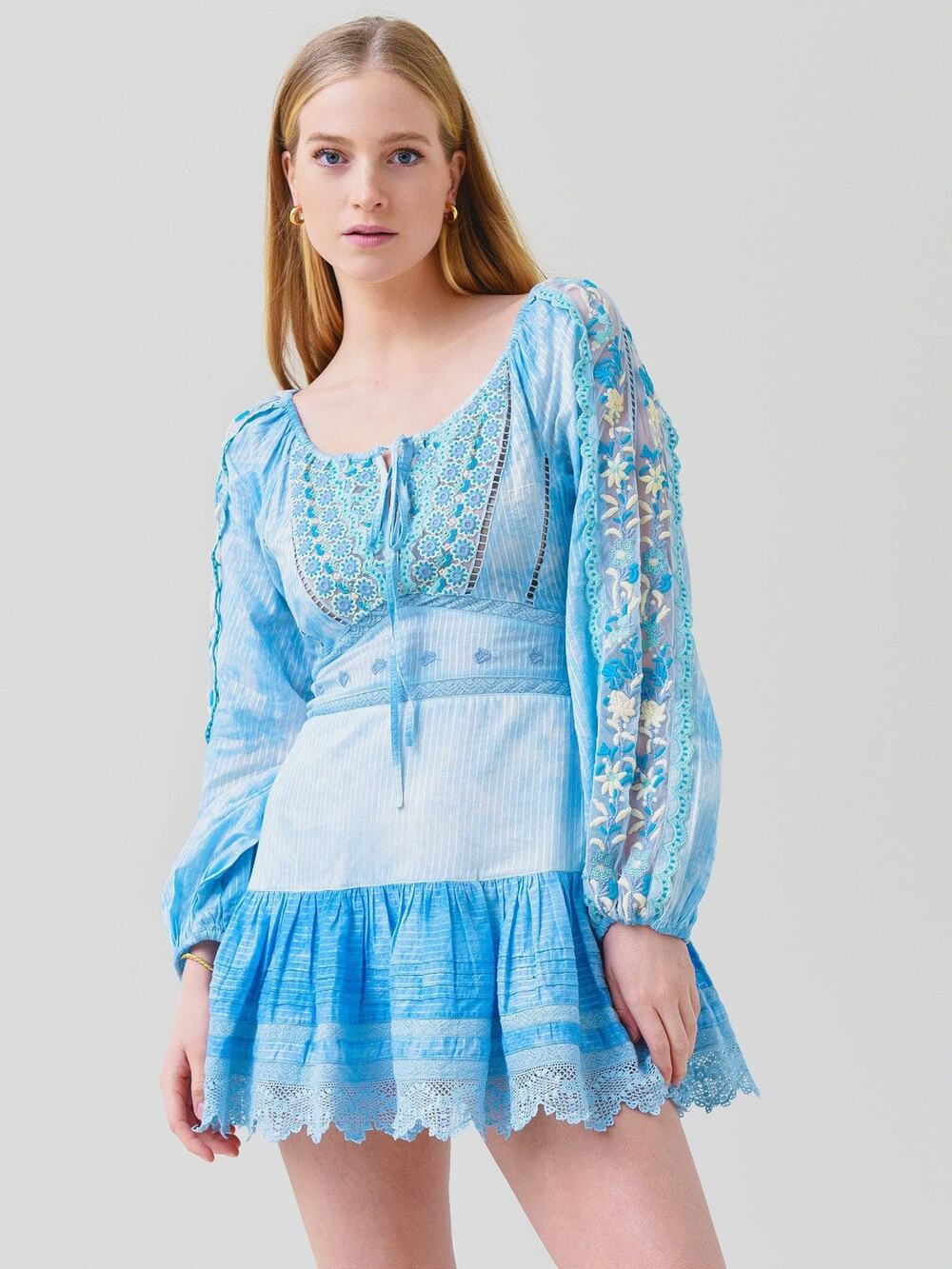 LoveShackFancy Blue Chelie Long Sleeve Embroidered Boho Mini Dress Seafoam Pearl
